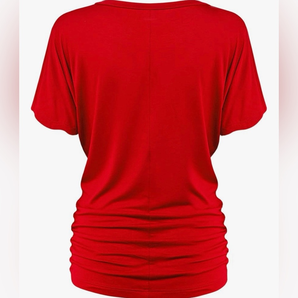Women's Solid Short Sleeve Boat Neck V Neck Dolman Top with Side Shirring - Picture 3 of 5